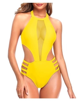 Women One Piece Mesh Swimsuit High Neck Halter Cutout Monokini Swimwear