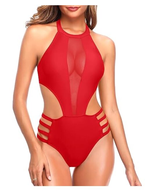 Tempt Me Women One Piece Mesh Swimsuit High Neck Halter Cutout Monokini Swimwear