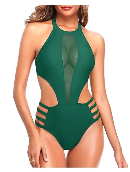 Tempt Me Women One Piece Mesh Swimsuit High Neck Halter Cutout Monokini Swimwear