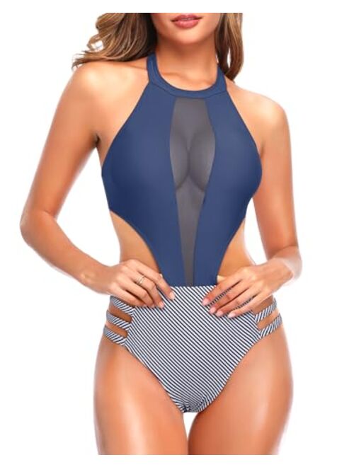 Tempt Me Women One Piece Mesh Swimsuit High Neck Halter Cutout Monokini Swimwear