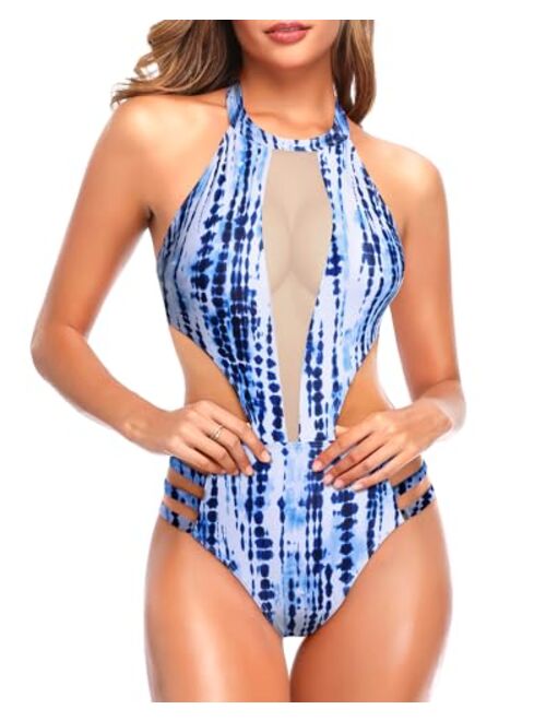 Tempt Me Women One Piece Mesh Swimsuit High Neck Halter Cutout Monokini Swimwear