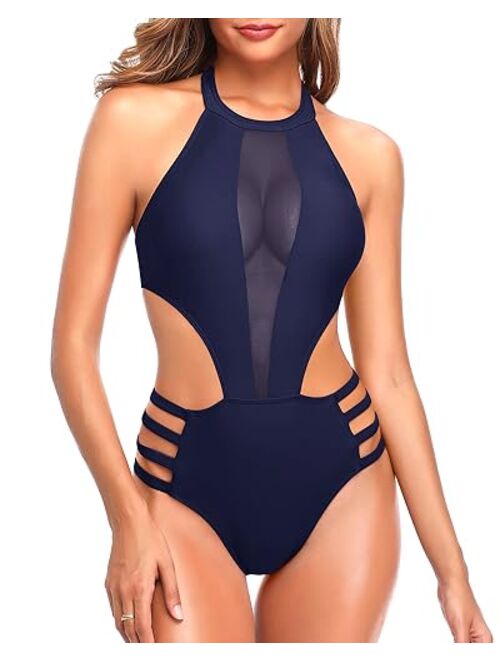 Tempt Me Women One Piece Mesh Swimsuit High Neck Halter Cutout Monokini Swimwear