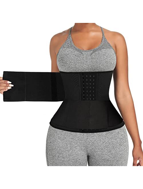 FeelinGirl Long Torso Waist Trainer for Women with 1/2/3 Belt Plus Size Latex/Neoprene Corset Cincher with Zipper/Hooks