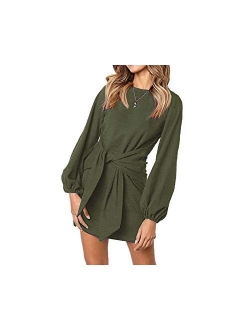 Longwu Women's Loose Casual Front Tie Long Sleeve Bandage Party Dress