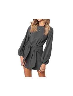 Longwu Women's Loose Casual Front Tie Long Sleeve Bandage Party Dress