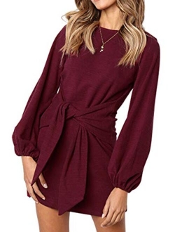 Longwu Women's Loose Casual Front Tie Long Sleeve Bandage Party Dress