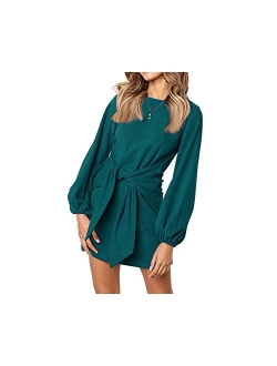 Longwu Women's Loose Casual Front Tie Long Sleeve Bandage Party Dress