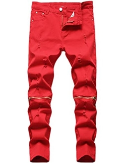 Fredd Marshall Boy's Slim Fit Skinny Ripped Jeans Distressed Zipper Jeans Pants with Holes