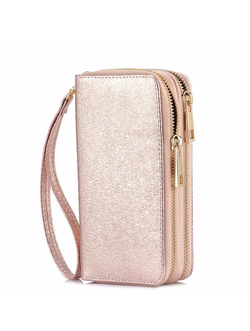 HAWEE Cellphone Wallet for Women Dual Zipper Long Purse with Removable Wristlet