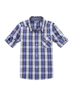 Bienzoe Boy 's Cotton Plaid Roll Up Sleeve Button Down Sports Shirts