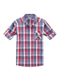 Bienzoe Boy 's Cotton Plaid Roll Up Sleeve Button Down Sports Shirts