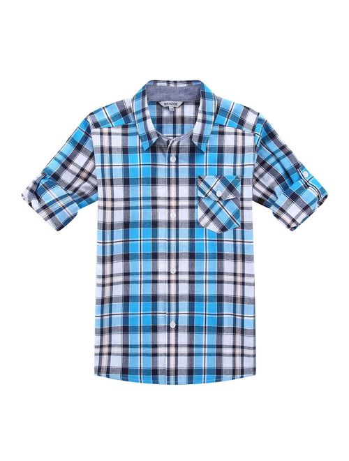 Bienzoe Boy 's Cotton Plaid Roll Up Sleeve Button Down Sports Shirts