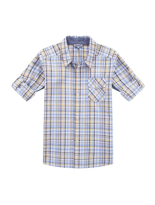 Bienzoe Boy 's Cotton Plaid Roll Up Sleeve Button Down Sports Shirts