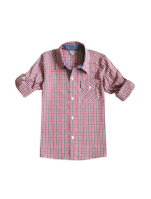 Bienzoe Boy 's Cotton Plaid Roll Up Sleeve Button Down Sports Shirts