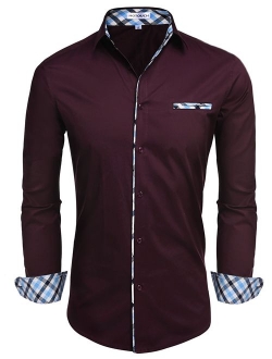 Men's Fashion Button Up Shirt Slim Fit Dress Shirt Contrast Long Sleeve Casual Button Down Shirts