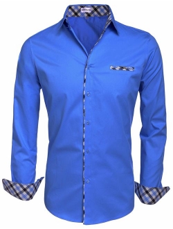 Men's Fashion Button Up Shirt Slim Fit Dress Shirt Contrast Long Sleeve Casual Button Down Shirts