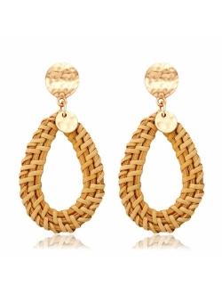 BSJELL Rattan Hoop Earrings Woven Handmade Straw Circle Drop Earrings Hammered Disc Stud Wicker Bohemian Lightweight Earrings for Women