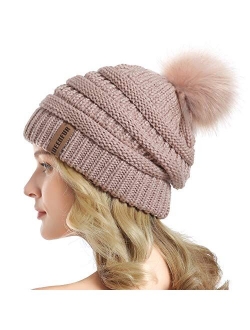 Women Knit Slouchy Beanie Chunky Baggy Hat with Faux Fur Pompom Winter Soft Warm Ski Cap