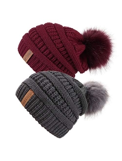 Women Knit Slouchy Beanie Chunky Baggy Hat with Faux Fur Pompom Winter Soft Warm Ski Cap