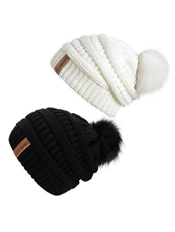 Women Knit Slouchy Beanie Chunky Baggy Hat with Faux Fur Pompom Winter Soft Warm Ski Cap