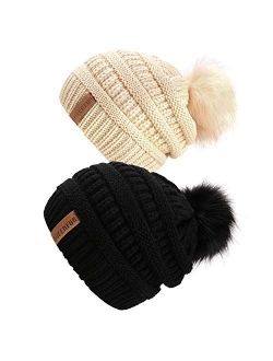 Women Knit Slouchy Beanie Chunky Baggy Hat with Faux Fur Pompom Winter Soft Warm Ski Cap