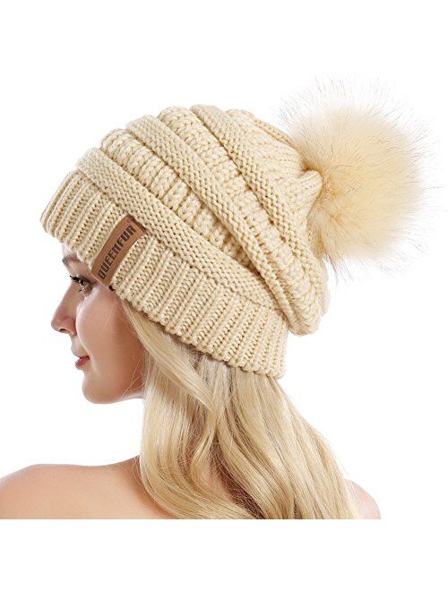 QUEENFUR Women Knit Slouchy Beanie Chunky Baggy Hat with Faux Fur Pompom Winter Soft Warm Ski Cap