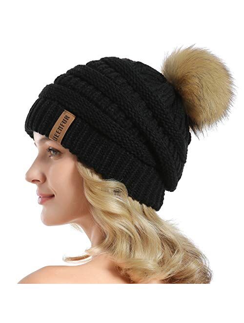 QUEENFUR Women Knit Slouchy Beanie Chunky Baggy Hat with Faux Fur Pompom Winter Soft Warm Ski Cap