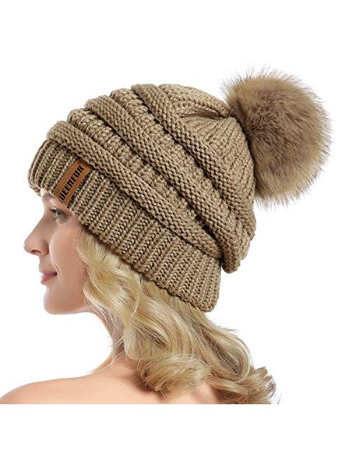 QUEENFUR Women Knit Slouchy Beanie Chunky Baggy Hat with Faux Fur Pompom Winter Soft Warm Ski Cap