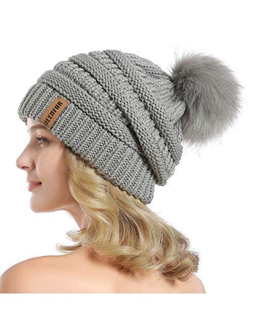 QUEENFUR Women Knit Slouchy Beanie Chunky Baggy Hat with Faux Fur Pompom Winter Soft Warm Ski Cap