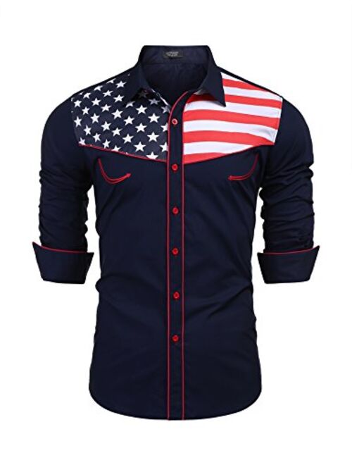 COOFANDY Men's Casual American Flag Button Down Shirts Slim Fit Long Sleeve Shirt