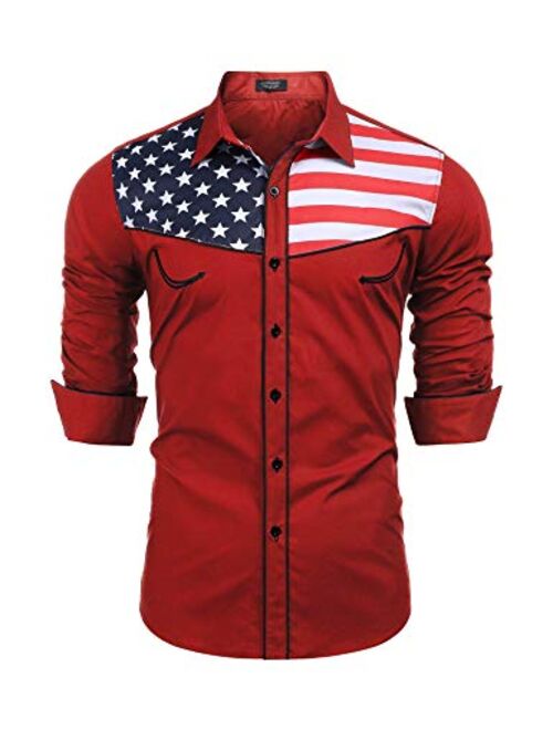 COOFANDY Men's Casual American Flag Button Down Shirts Slim Fit Long Sleeve Shirt