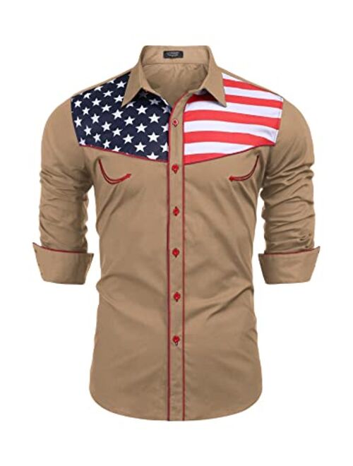 COOFANDY Men's Casual American Flag Button Down Shirts Slim Fit Long Sleeve Shirt