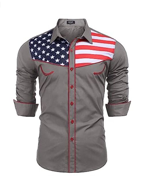 COOFANDY Men's Casual American Flag Button Down Shirts Slim Fit Long Sleeve Shirt