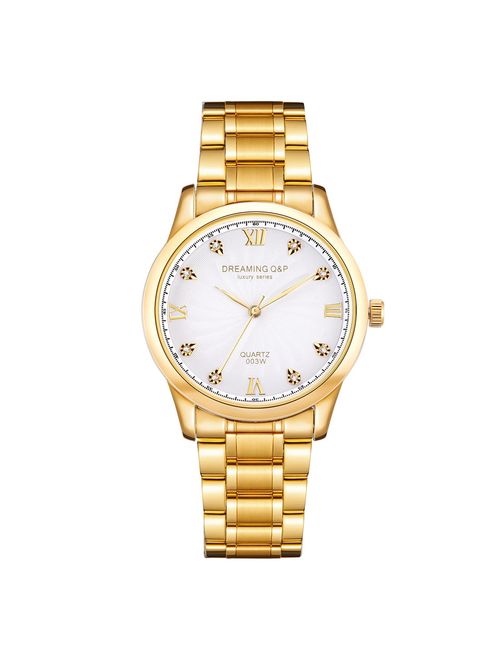 IP Gold Plating Steel Roman Numeral Dial with Rhinestones Mens Wrist Watches for Man Black 003