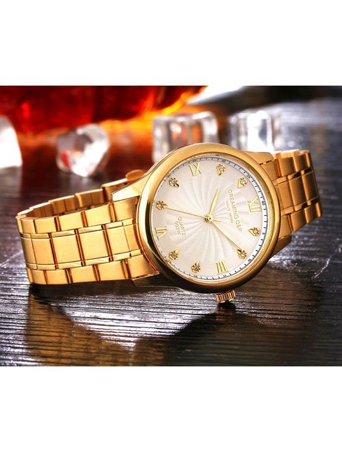 IP Gold Plating Steel Roman Numeral Dial with Rhinestones Mens Wrist Watches for Man Black 003