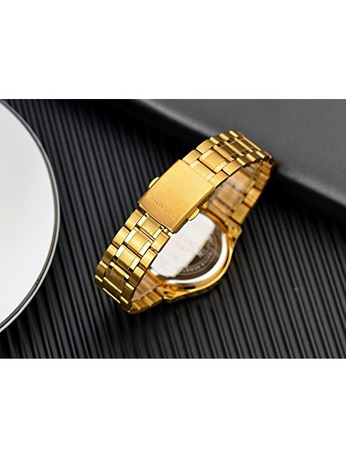 IP Gold Plating Steel Roman Numeral Dial with Rhinestones Mens Wrist Watches for Man Black 003