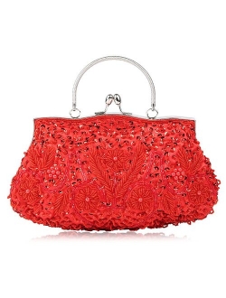 SSMY Beaded Sequin Flower Evening Purse Large Clutch Bag