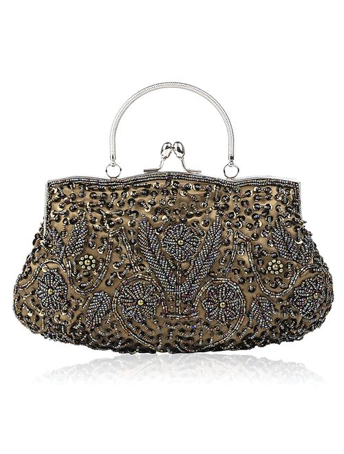 SSMY Beaded Sequin Flower Evening Purse Large Clutch Bag