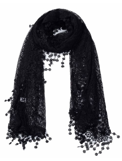 Tan's Women's lightweight Feminine lace teardrop fringe Lace Scarf Vintage Scarf Mesh Crochet Tassel Cotton Scarf for Women