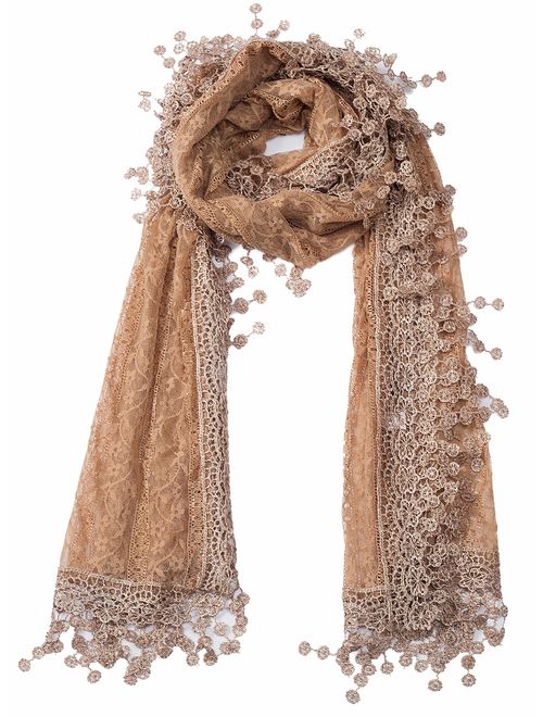 Tan's Women's lightweight Feminine lace teardrop fringe Lace Scarf Vintage Scarf Mesh Crochet Tassel Cotton Scarf for Women