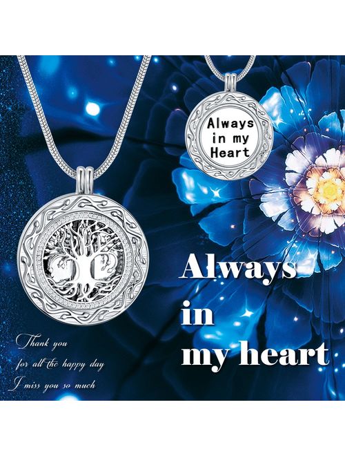 Ado Glo Memorial Gift, Always in My Heart with 1 or 2 Vials Urn Locket Pendant Necklace, Tree of Life Cremation Jewelry for Ashes, Keepsake for Dad Sister Grandma Aunt Wi