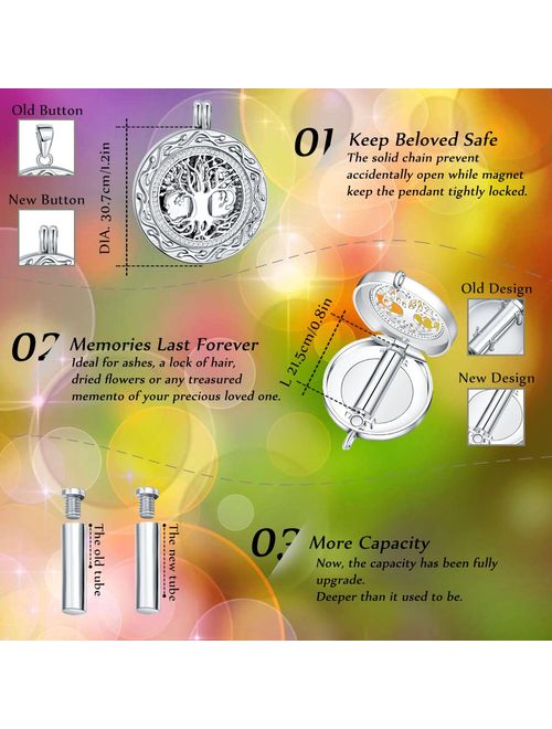 Ado Glo Memorial Gift, Always in My Heart with 1 or 2 Vials Urn Locket Pendant Necklace, Tree of Life Cremation Jewelry for Ashes, Keepsake for Dad Sister Grandma Aunt Wi