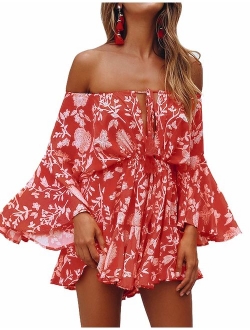 Utyful Women's Casual V Neck 3/4 Bell Sleeve Belted Chiffon One Piece Romper Shorts