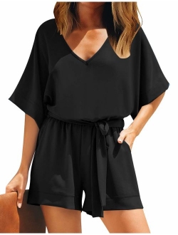 Utyful Women's Casual V Neck 3/4 Bell Sleeve Belted Chiffon One Piece Romper Shorts