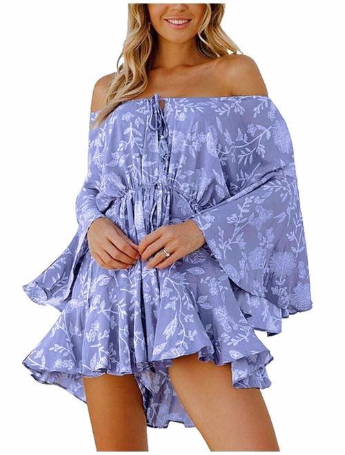 Utyful Women's Casual V Neck 3/4 Bell Sleeve Belted Chiffon One Piece Romper Shorts