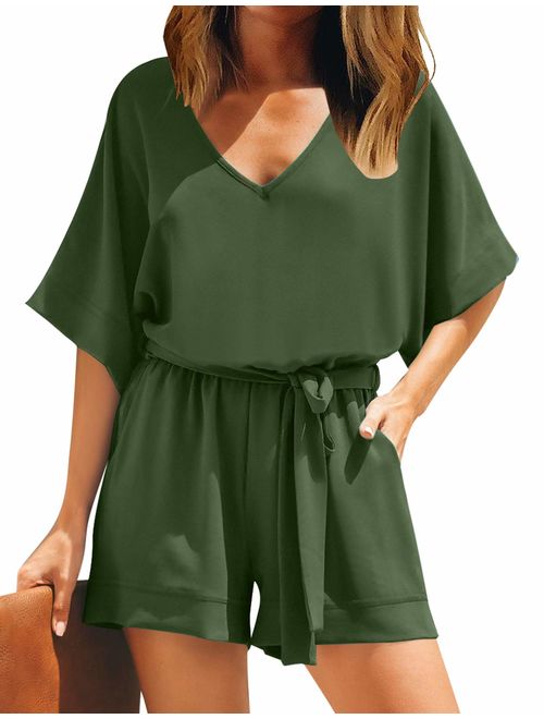 Utyful Women's Casual V Neck 3/4 Bell Sleeve Belted Chiffon One Piece Romper Shorts