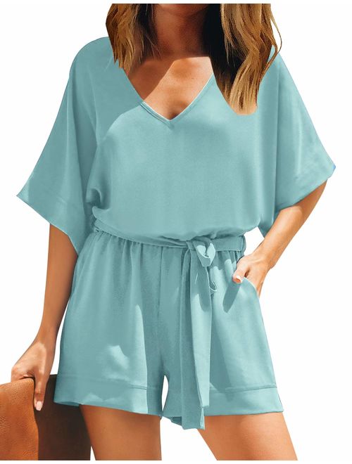 Utyful Women's Casual V Neck 3/4 Bell Sleeve Belted Chiffon One Piece Romper Shorts