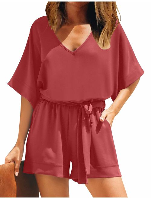 Utyful Women's Casual V Neck 3/4 Bell Sleeve Belted Chiffon One Piece Romper Shorts