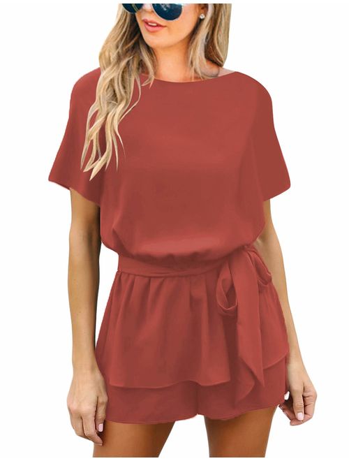 Utyful Women's Casual V Neck 3/4 Bell Sleeve Belted Chiffon One Piece Romper Shorts