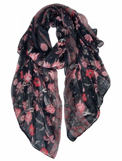 GERINLY Lightweight Scarves Fashion Flowers Print Women Cotton Wrap Scarf